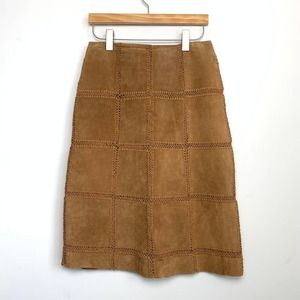 Vintage Brown Tan Suede Leather Midi Skirt Size 4 Crochet Patchwork Pencil